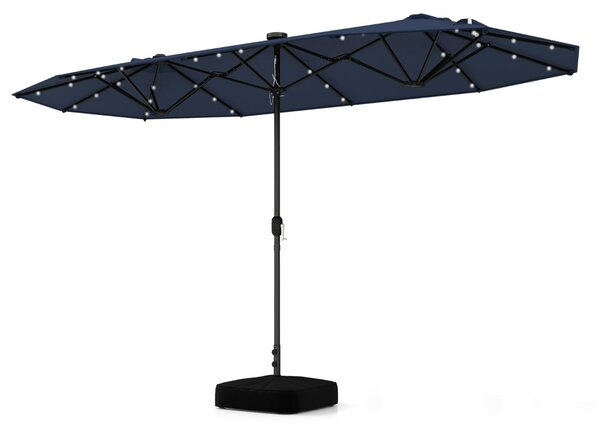 Costway Ombrellone doppio da giardino con luci solari 4x2m, Ombrellone rettangolare grande con manovella base Blu