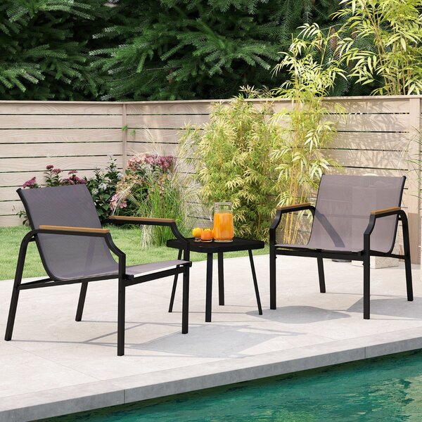 Costway Set da giardino a 3 pezzi poltrona e tavolo, Sedile in tessuto traspirante e braccioli in legno-plastica Grigio