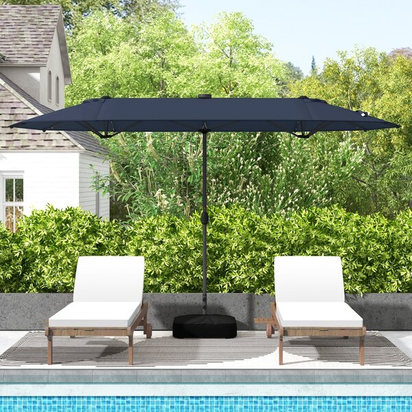 Costway Ombrellone doppio da giardino con luci solari 4x2m, Ombrellone rettangolare grande con manovella base Blu