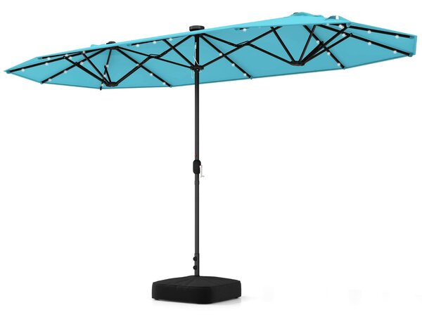 Costway Ombrellone doppio da giardino con luci solari 4x2m, Ombrellone rettangolare grande con manovella base Azzurro