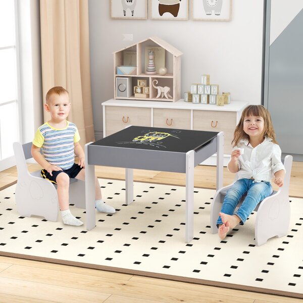 Costway Set di tavolo e sedie per bambini con deposito lavagna rimovibile, Set di mobili 3 PCS per ragazzi e ragazze Bianco e grigio