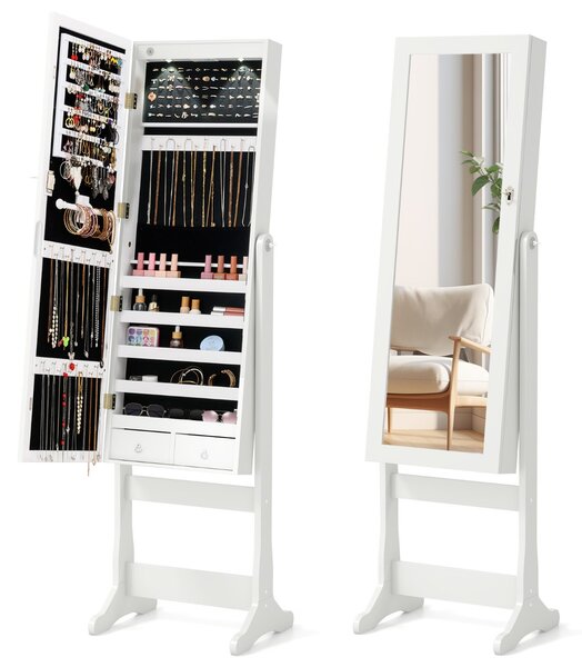 Costway Armadio per gioielli autoportante, Organizzatore di gioielli con specchio a lunghezza intera luci LED Bianco