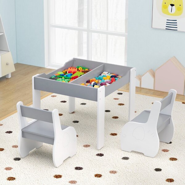 Costway Set di tavolo e sedie per bambini con deposito lavagna rimovibile, Set di mobili 3 PCS per ragazzi e ragazze Bianco e grigio