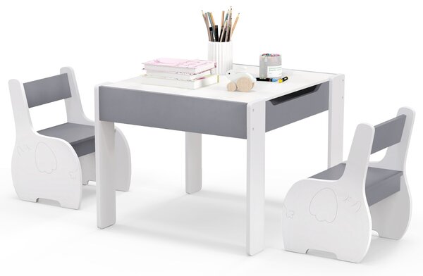 Costway Set di tavolo e sedie per bambini con deposito lavagna rimovibile, Set di mobili 3 PCS per ragazzi e ragazze Bianco e grigio