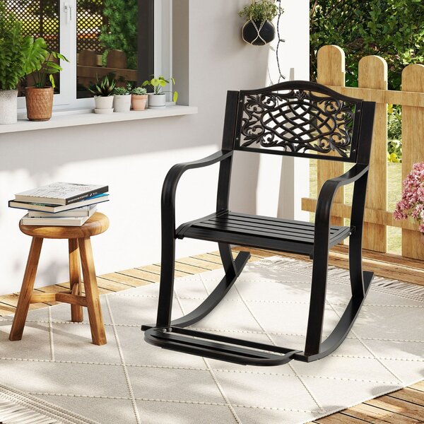 Costway Sedia a dondolo da giardino con poggiapiedi e schienale e braccioli curvi, Sedia per esterni in alluminio pressofuso Marrone
