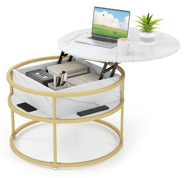 Costway Tavolino da caffè con piano sollevabile con vano nascosto e ripiani laterali, Tavolo rotondo da 80 cm Bianco