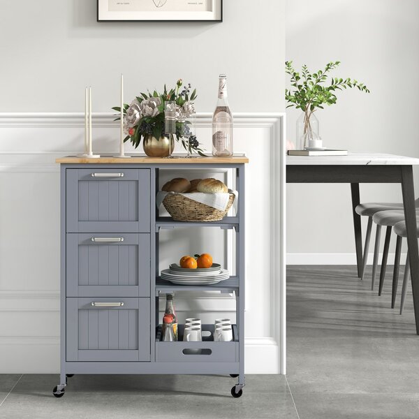 Costway Isola cucina con ruote bloccabili piano in legno di gomma e 2 ripiani rimovibili, Carrello multiuso Grigio