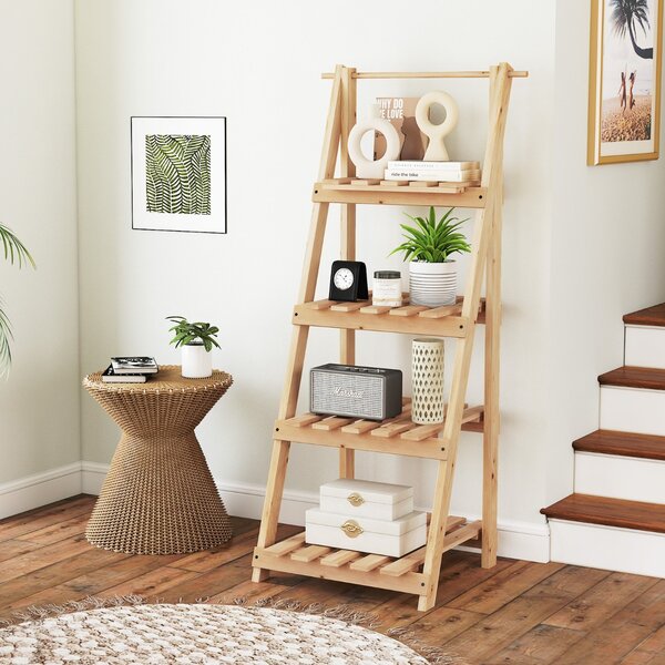 Costway Supporto per piante legno supporto per piante grasse soggiorno camera da letto, Supporto per piante legno a 4 livelli Naturale