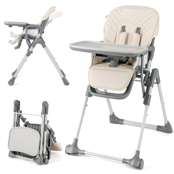 Costway Seggiolone pieghevole per bambini con vassoio staccabile, Seggiolone portatile regolabile con poggiapiedi Beige
