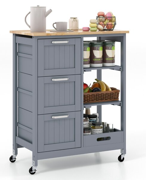 Costway Isola cucina con ruote bloccabili piano in legno di gomma e 2 ripiani rimovibili, Carrello multiuso Grigio