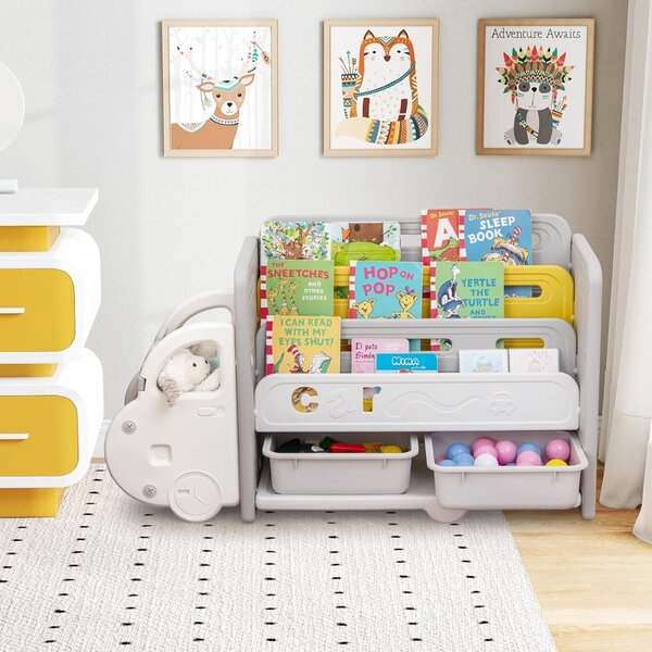Costway Scaffale per giocattoli e libri per bambini, Libreria a tema auto con 3 ripiani 2 scatole e ruote decorative Beige e Grigio