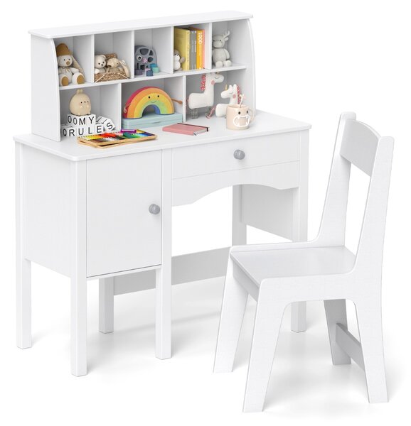 Costway Set scrivania e sedia per bambini per studente con postazione per computer per camera da letto, Tavolo per lavoro in legno con sedia Bianco