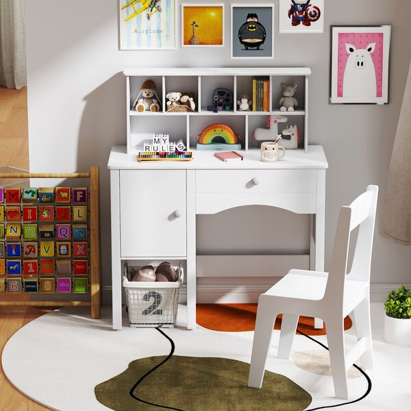 Costway Set scrivania e sedia per bambini per studente con postazione per computer per camera da letto, Tavolo per lavoro in legno con sedia Bianco