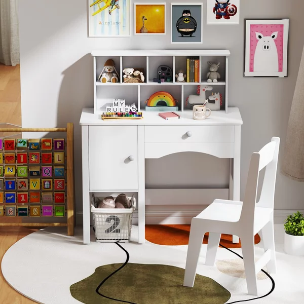 Costway Set scrivania e sedia per bambini per studente con postazione per computer per camera da letto, Tavolo per lavoro in legno con sedia Bianco