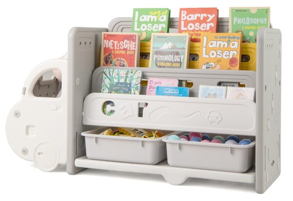 Costway Scaffale per giocattoli e libri per bambini, Libreria a tema auto con 3 ripiani 2 scatole e ruote decorative Beige e Grigio