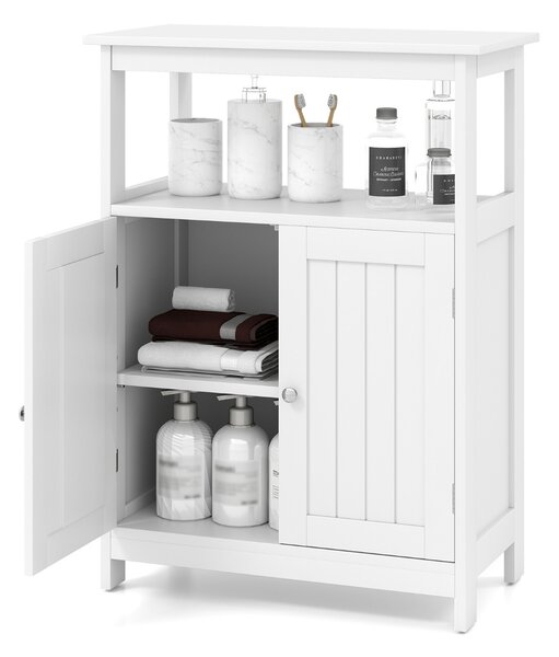Costway Armadio da pavimento per bagno con scomparto aperto, Organizzatore di stoccaggio con 2 porte e ripiano regolabile Bianco