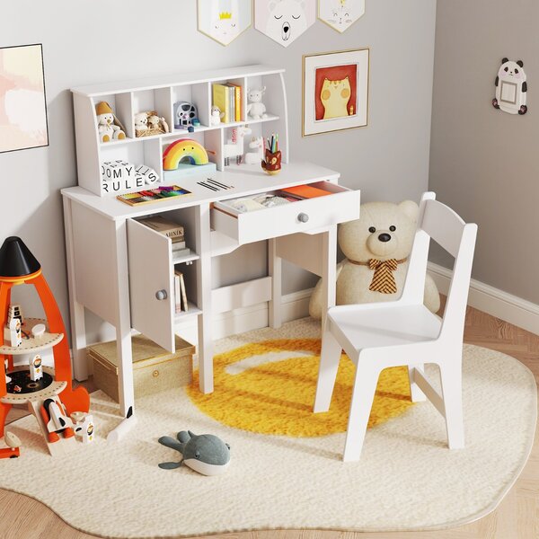 Costway Set scrivania e sedia per bambini per studente con postazione per computer per camera da letto, Tavolo per lavoro in legno con sedia Bianco