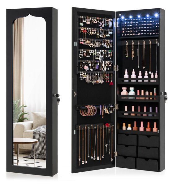 Costway Armadio portagioie con specchio e 6 cassetti in legno, Armadietto portagioielli da porta con 5 luci LED Nero