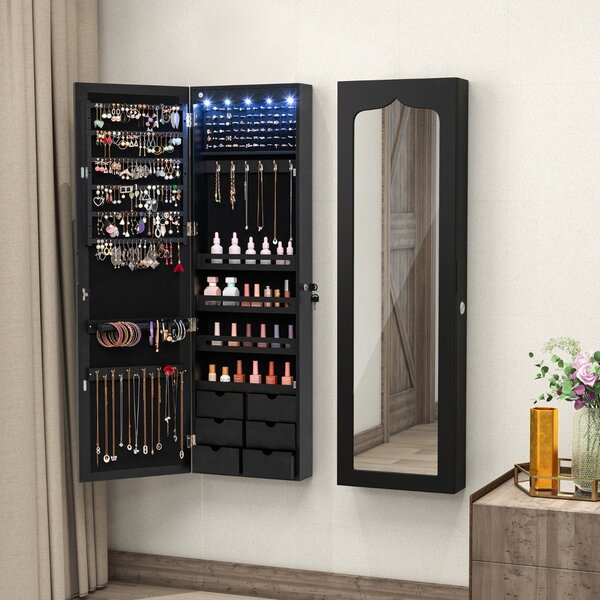 Costway Armadio portagioie con specchio e 6 cassetti in legno, Armadietto portagioielli da porta con 5 luci LED Nero