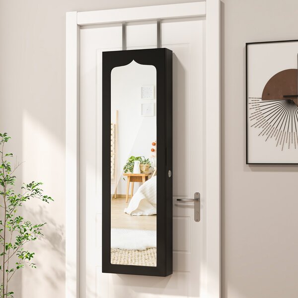 Costway Armadio portagioie con specchio e 6 cassetti in legno, Armadietto portagioielli da porta con 5 luci LED Nero