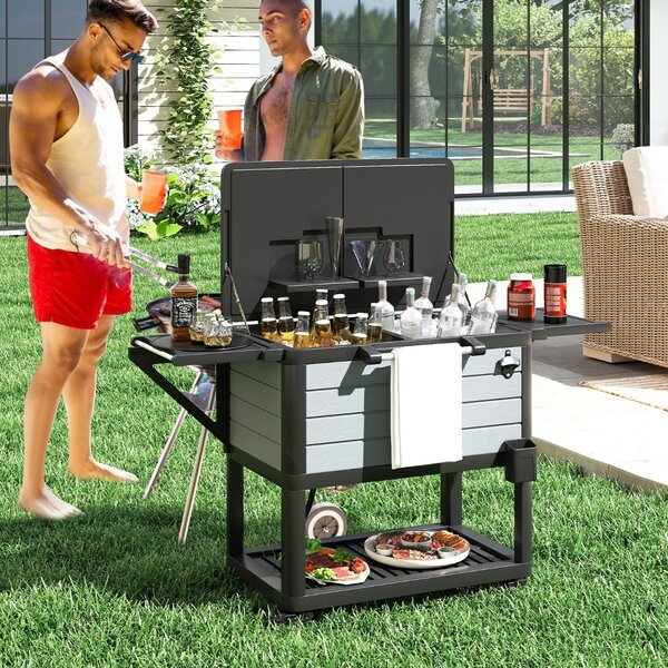Costway Carrello frigorifero da patio su ruote grande capacità 91 L, Carrello per il ghiaccio portatile per feste in giardino Nero e Grigio