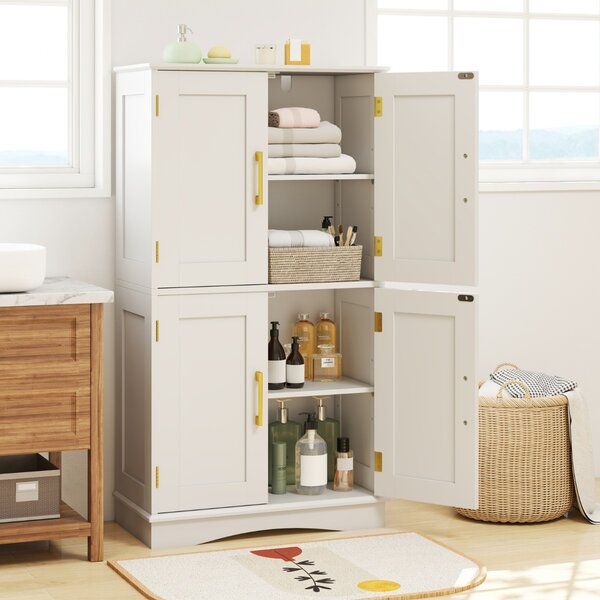 Costway Armadio portaoggetti da terra per bagno con 4 ante e 2 ripiani regolabili, Credenza per cucina e soggiorno Bianco