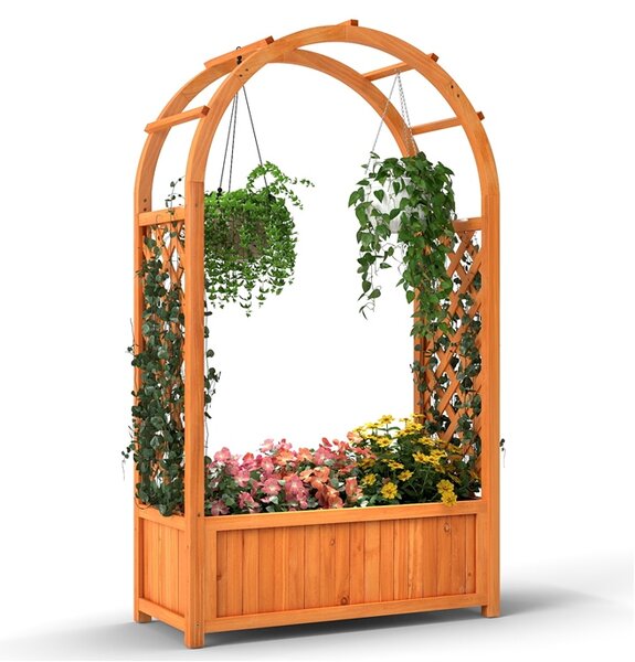 Costway Letto da giardino elevato con griglia tetto curvo fodera drenaggio, Cassone da piantagione in legno per piante rampicanti Marrone