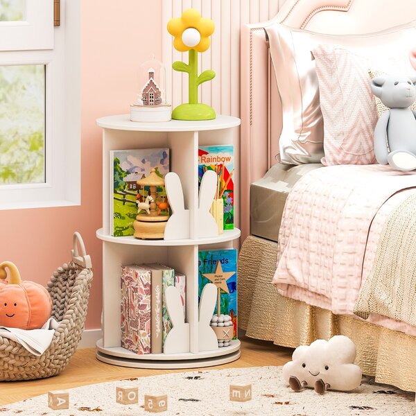 Costway Libreria rotante per bambini scaffale girevole a 360° con 2 ripiani, Portaoggetti con paratie a forma di coniglio Bianco