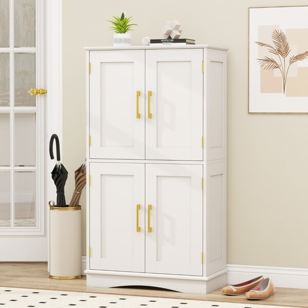 Costway Armadio portaoggetti da terra per bagno con 4 ante e 2 ripiani regolabili, Credenza per cucina e soggiorno Bianco