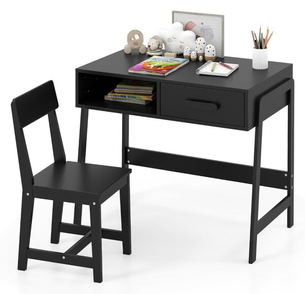 Costway Set scrivania e sedia con cassetto e scomparto, Set di tavoli da studio in legno per bambini Nero