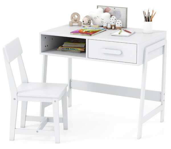 Costway Set scrivania e sedia con cassetto e scomparto, Set di tavoli da studio in legno per bambini Bianco