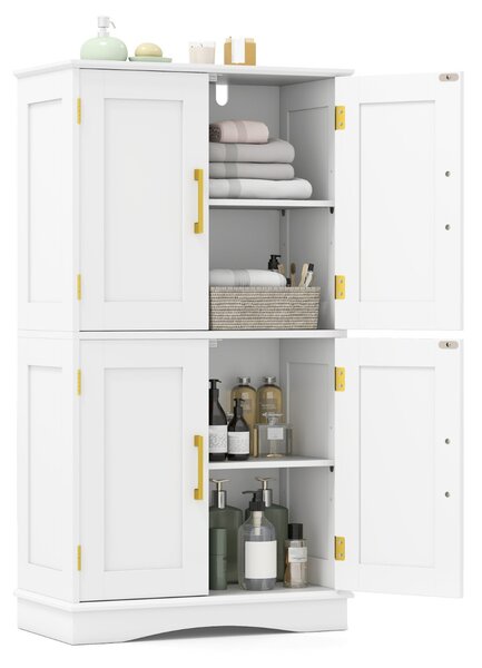 Costway Armadio portaoggetti da terra per bagno con 4 ante e 2 ripiani regolabili, Credenza per cucina e soggiorno Bianco