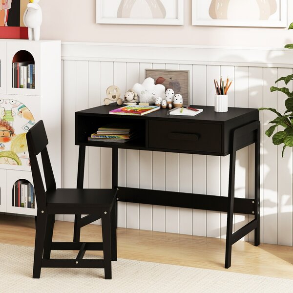 Costway Set scrivania e sedia con cassetto e scomparto, Set di tavoli da studio in legno per bambini Nero