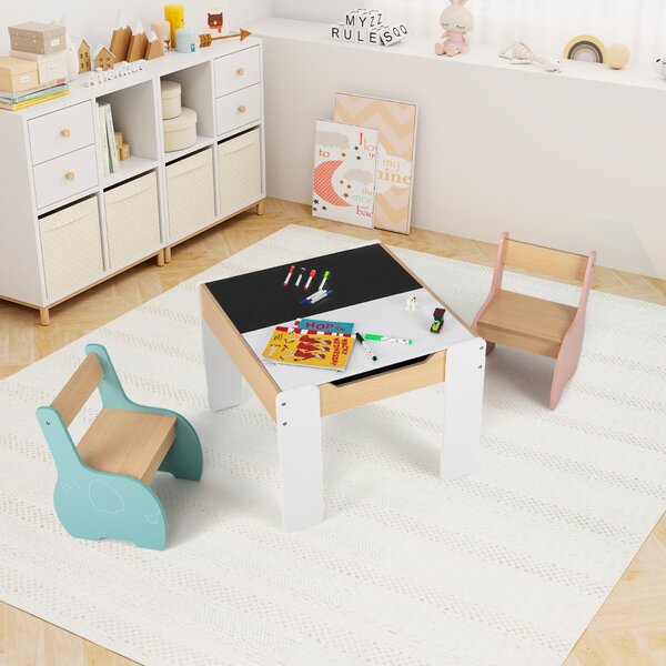 Costway Set di tavolo e sedie per bambini con deposito lavagna rimovibile, Set di mobili 3 PCS per ragazzi e ragazze Colorato
