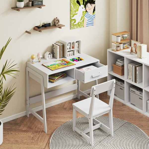 Costway Set scrivania e sedia con cassetto e scomparto, Set di tavoli da studio in legno per bambini Bianco