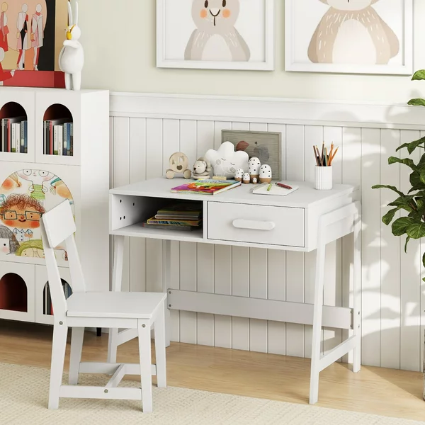 Costway Set scrivania e sedia con cassetto e scomparto, Set di tavoli da studio in legno per bambini Bianco