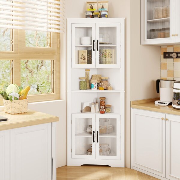 Costway Mobile buffet triangolare salvaspazio in vetro temperato per cucina, Armadio angolare alto 171cm Bianco
