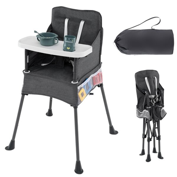 Costway Seggiolino pieghevole per viaggio aperture regolabili per gambe, Seggiolone salvaspazio con vassoio regolabile a 2 livelli Grigio scuro