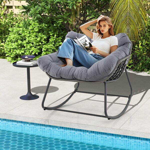 Costway Sedia per relax in rattan per interno con struttura in metallo robusto, Sedia a dondolo da esterno Grigio