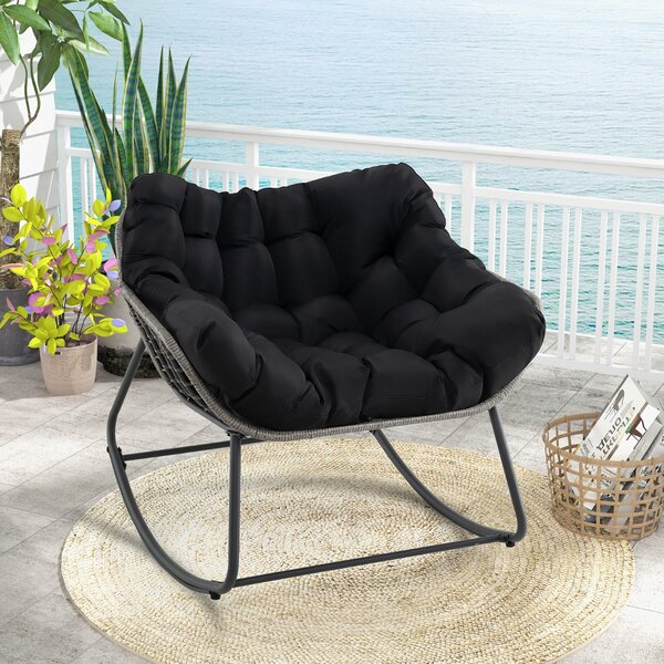Costway Sedia per relax in rattan per interno con struttura in metallo robusto, Sedia a dondolo da esterno Nero