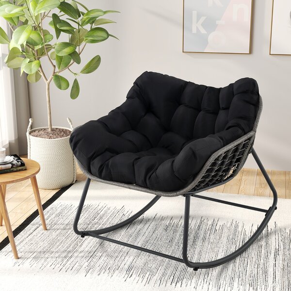 Costway Sedia per relax in rattan per interno con struttura in metallo robusto, Sedia a dondolo da esterno Nero