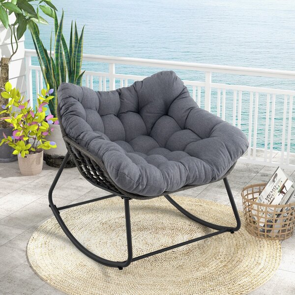 Costway Sedia per relax in rattan per interno con struttura in metallo robusto, Sedia a dondolo da esterno Grigio