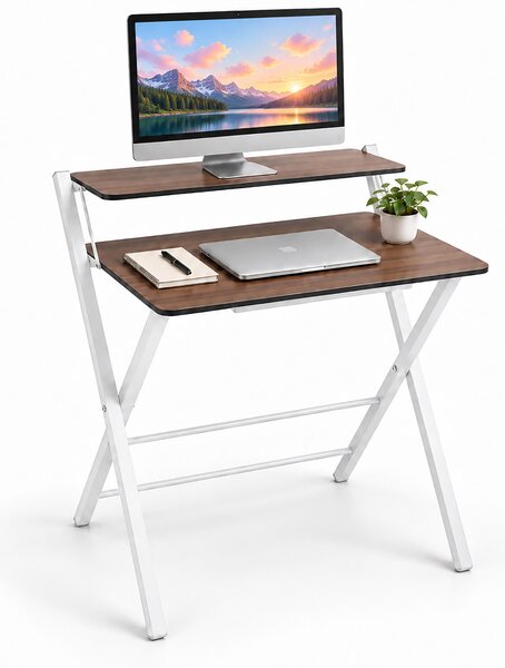 Relaxdays, scrivania pieghevole con supporto per monitor, altezza x larghezza x profondità: 82 x 70 x 56 cm, realizzata in MDF e metallo, colore marrone/bianco