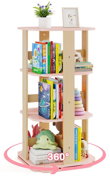 Costway Scaffale per libri per bambini a 3 livelli con 12 scomparti, Libreria rotante per stanza dei bambini Rosa