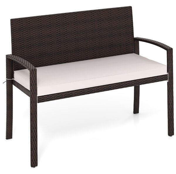 Costway Panchina in rattan per patio da esterno con schienale e braccioli per giardino, Panca in vimini a 2 posti Bianco