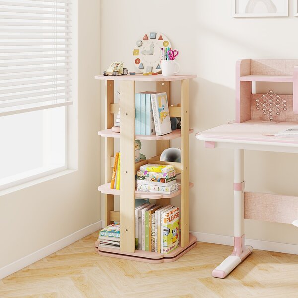 Costway Scaffale per libri per bambini a 3 livelli con 12 scomparti, Libreria rotante per stanza dei bambini Rosa