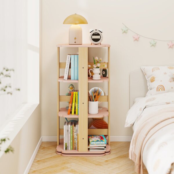 Costway Scaffale per libri per bambini a 3 livelli con 12 scomparti, Libreria rotante per stanza dei bambini Rosa