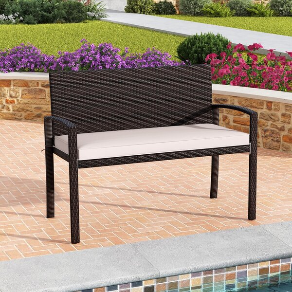 Costway Panchina in rattan per patio da esterno con schienale e braccioli per giardino, Panca in vimini a 2 posti Bianco