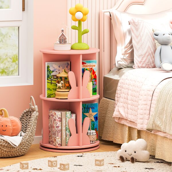 Costway Libreria rotante per bambini scaffale girevole a 360° con 2 ripiani, Portaoggetti con paratie a forma di coniglio Rosa