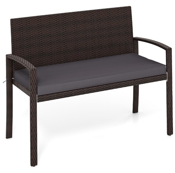 Costway Panchina in rattan per patio da esterno con schienale e braccioli per giardino, Panca in vimini a 2 posti Grigio